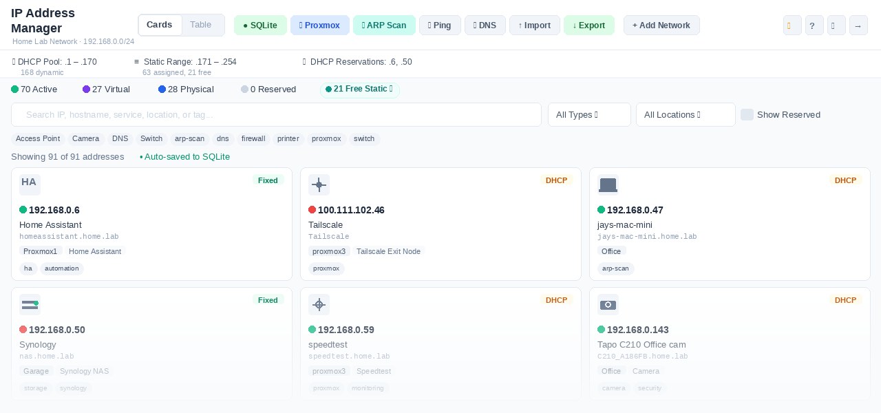 IP Address Manager — cards view showing IP entries with live status, type, and tag badges